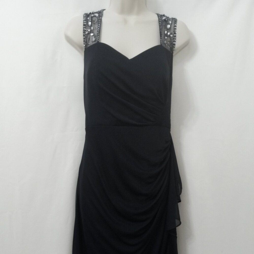 Vintage Stenay Size 8 Black Sleeveless Dress Sheer Neckline Embellished Shoulder